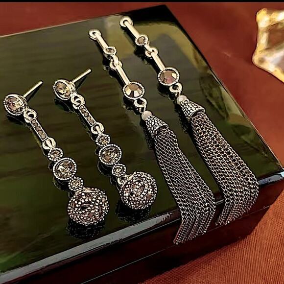 Antique Silver Rhinestone Earring Round Ball Long Fringe Tassel Earrings Boho - Picture 2 of 12